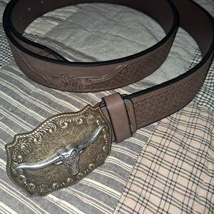 Women's Brown Leather Belt with Bronze And Silver Longhorn Buckle